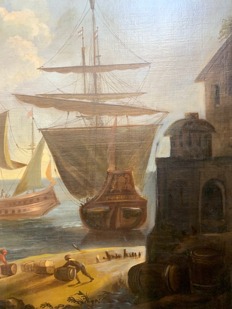 Grande dipinto scena nel porto con velieri. FINE XVIII secolo-photo-3