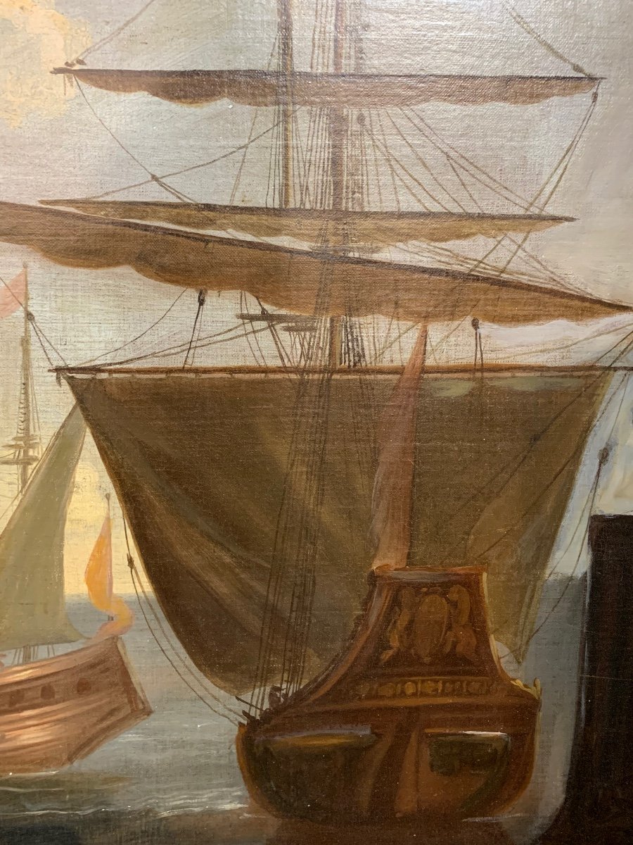 Grande dipinto scena nel porto con velieri. FINE XVIII secolo-photo-7