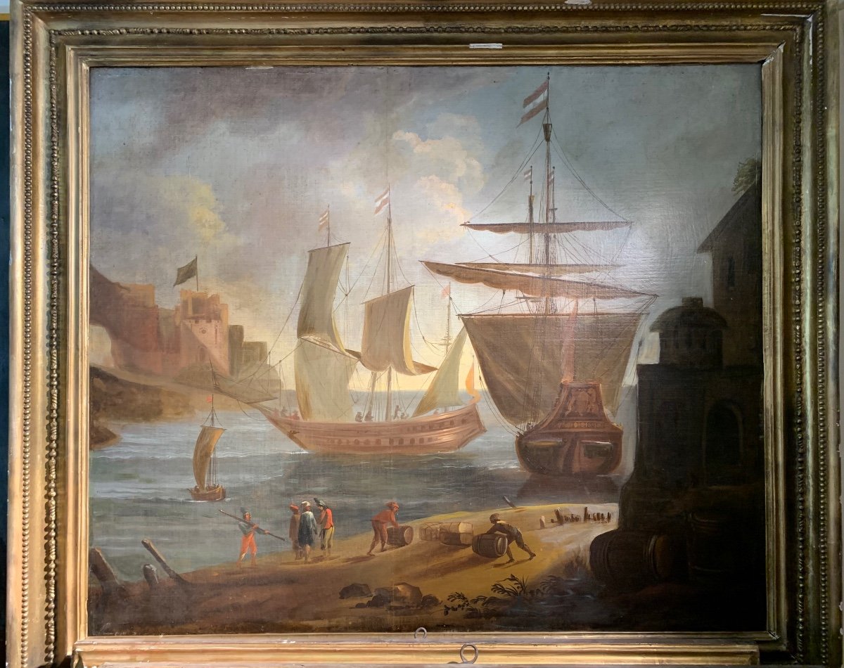 Grande dipinto scena nel porto con velieri. FINE XVIII secolo-photo-8