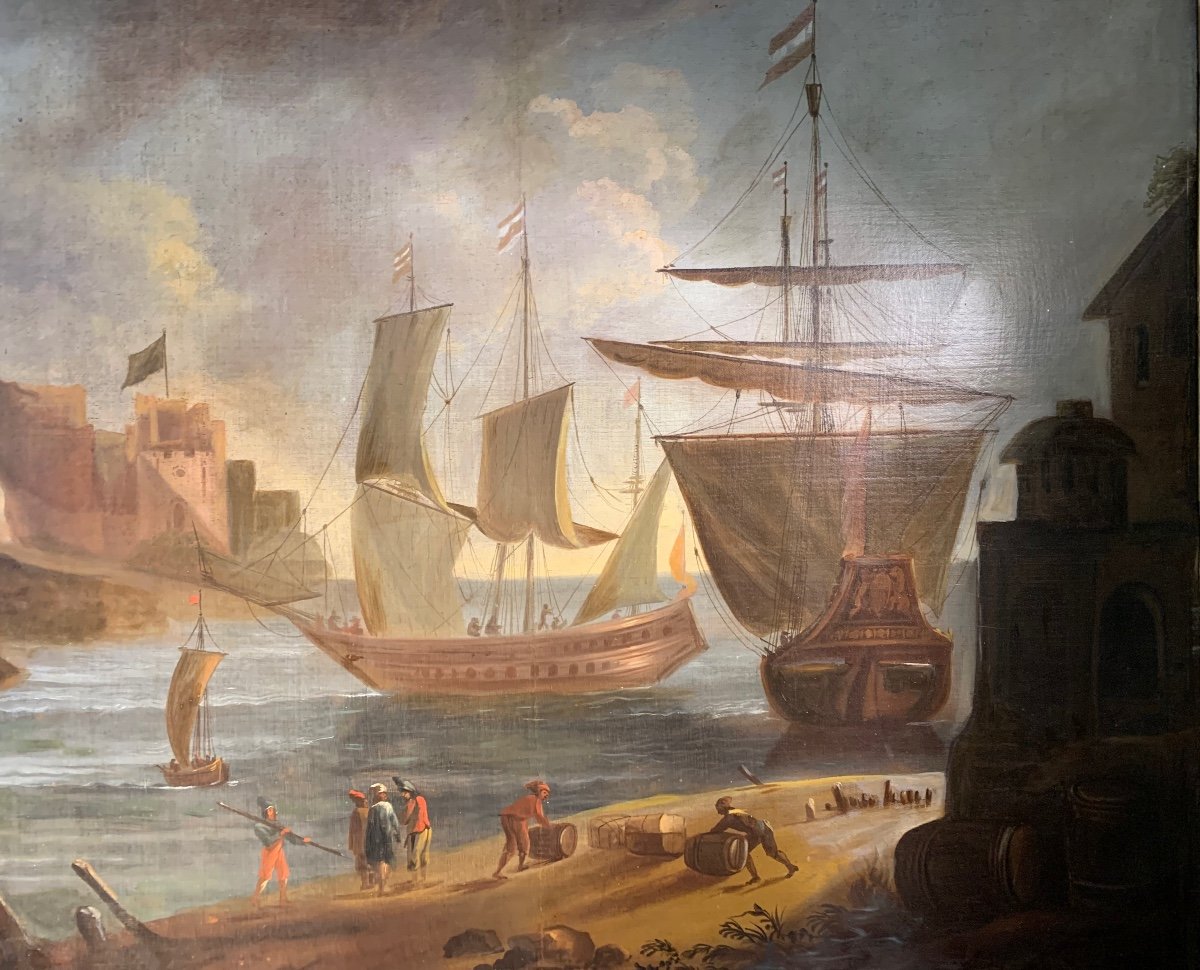 Grande dipinto scena nel porto con velieri. FINE XVIII secolo