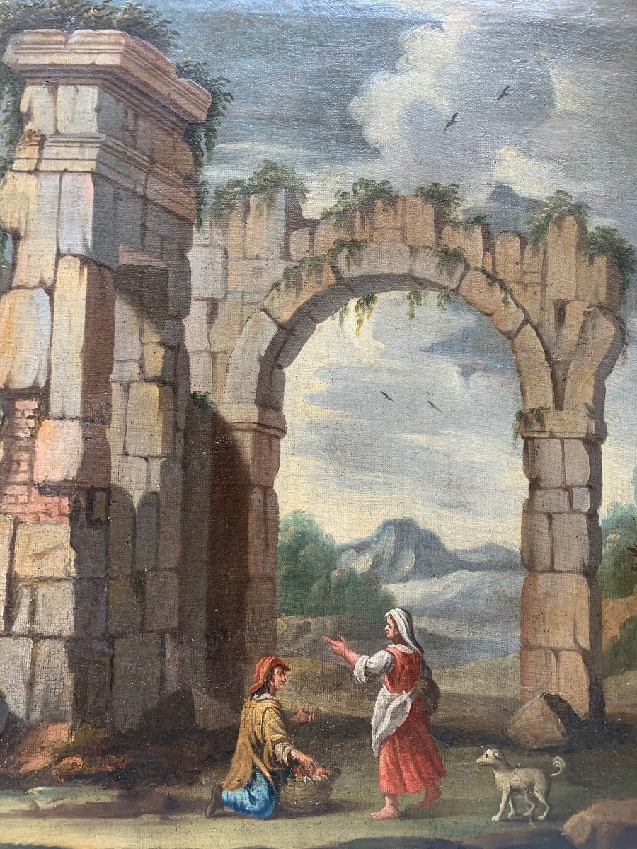 Capriccio architettonico con le rovine romane, colonna ed archi antichi. Anno 1718. -photo-2