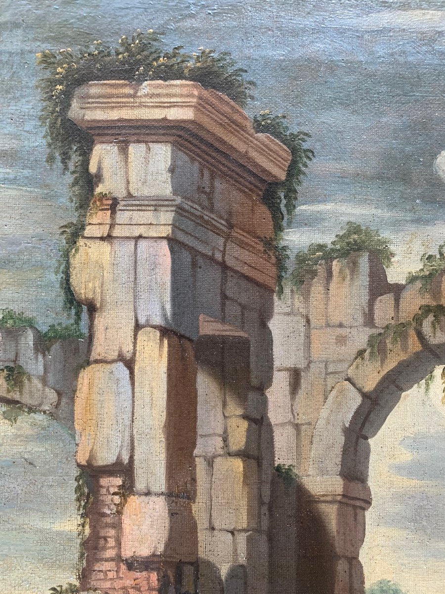Capriccio architettonico con le rovine romane, colonna ed archi antichi. Anno 1718. -photo-4