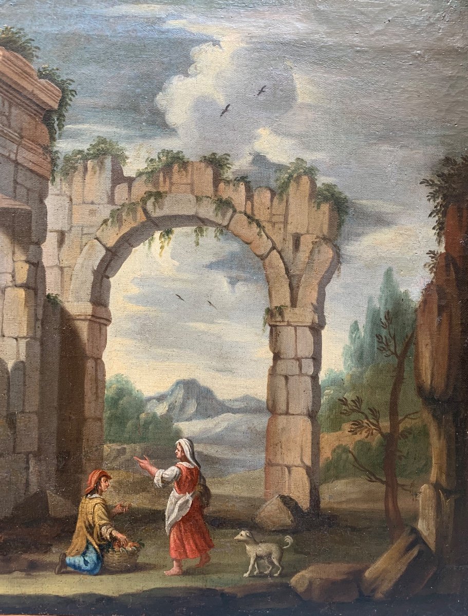 Capriccio architettonico con le rovine romane, colonna ed archi antichi. Anno 1718. -photo-8