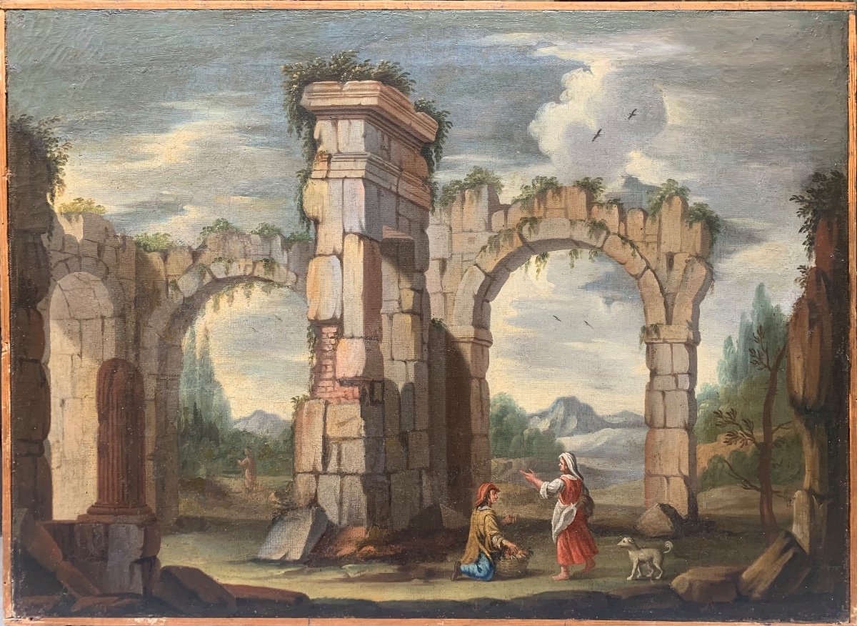 Capriccio architettonico con le rovine romane, colonna ed archi antichi. Anno 1718. 