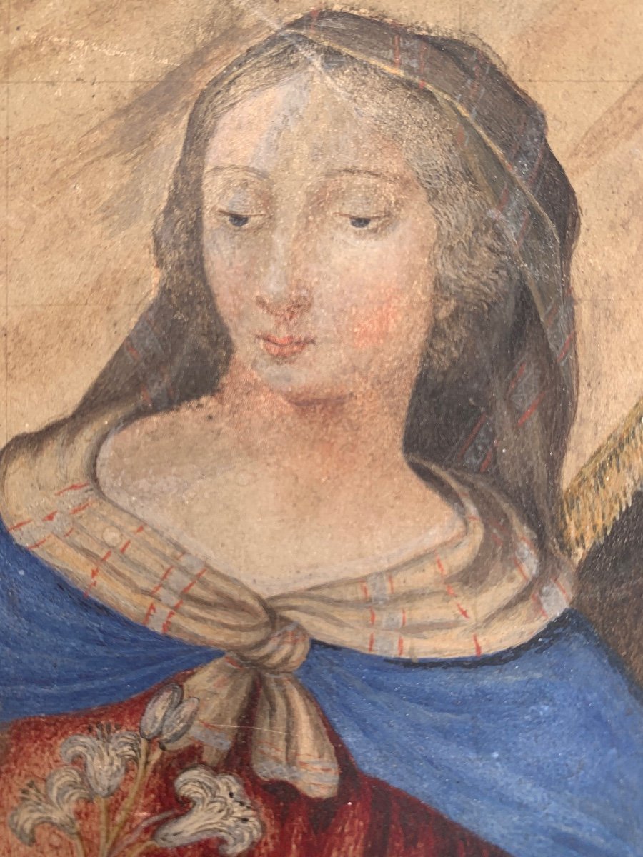 Gouache du pergamena. Vergine con il bambino ed i Gigli Bianchi.XVII-XVIII secolo-photo-3