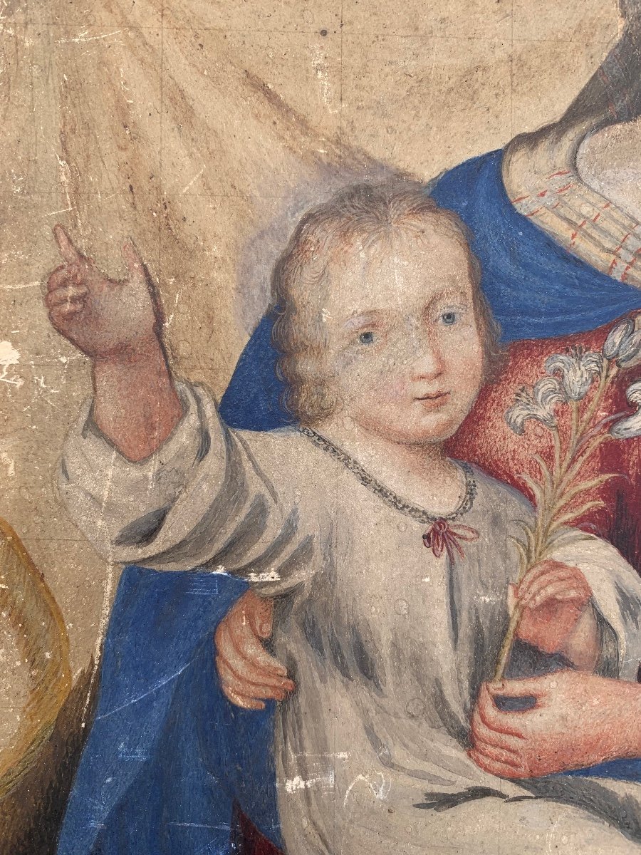 Gouache du pergamena. Vergine con il bambino ed i Gigli Bianchi.XVII-XVIII secolo-photo-2