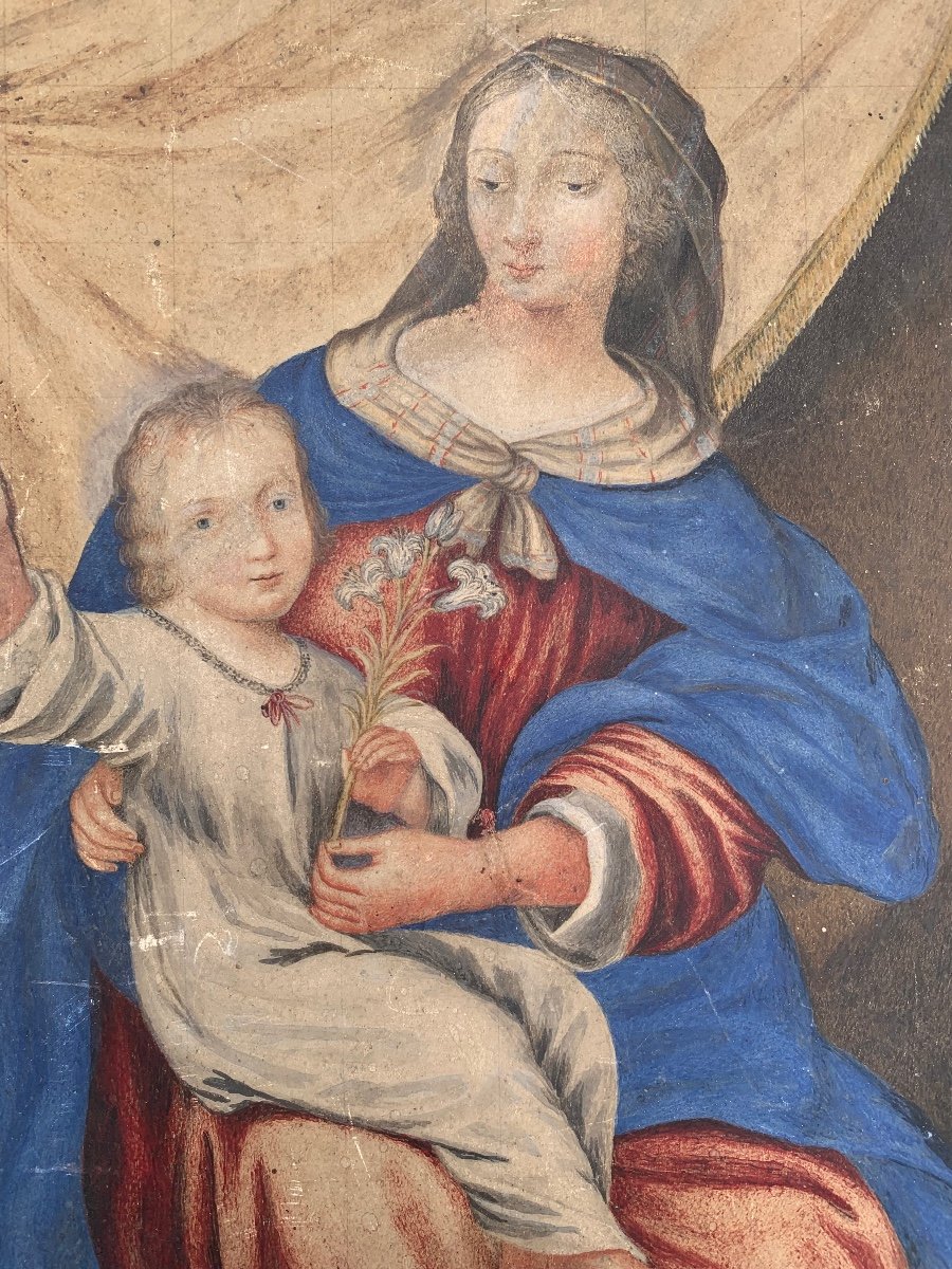 Gouache du pergamena. Vergine con il bambino ed i Gigli Bianchi.XVII-XVIII secolo-photo-4
