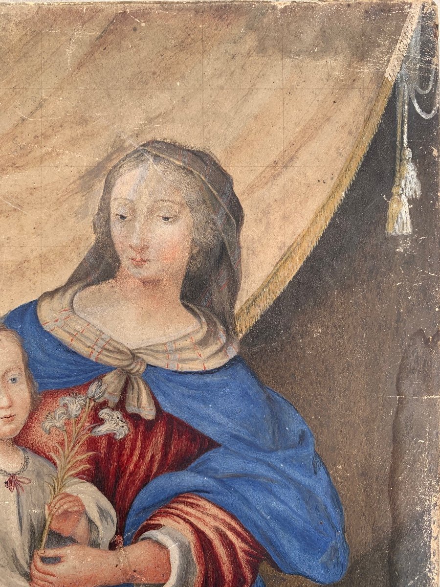 Gouache du pergamena. Vergine con il bambino ed i Gigli Bianchi.XVII-XVIII secolo-photo-5