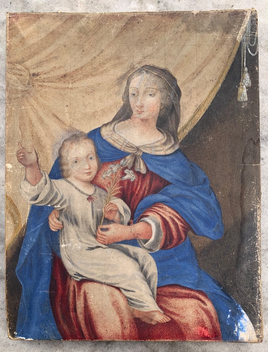 Gouache du pergamena. Vergine con il bambino ed i Gigli Bianchi.XVII-XVIII secolo