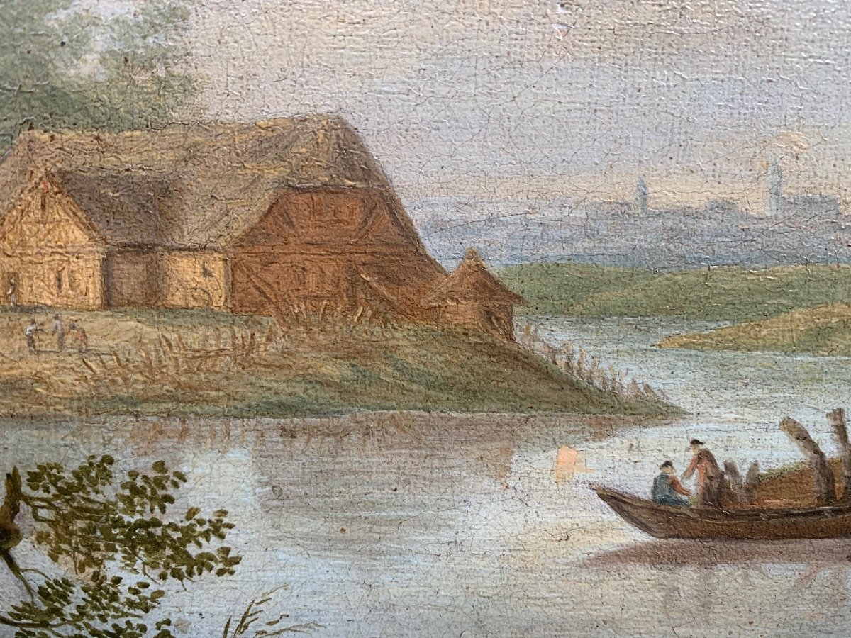Georges Smith (1713–1776), seguace. Scuola inglese. Fine XVIII secolo. Paesaggio fluviale con case a graticcio.-photo-4