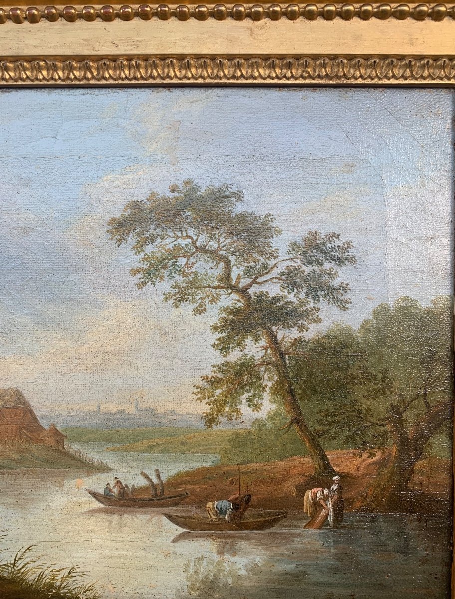 Georges Smith (1713–1776), seguace. Scuola inglese. Fine XVIII secolo. Paesaggio fluviale con case a graticcio.-photo-2