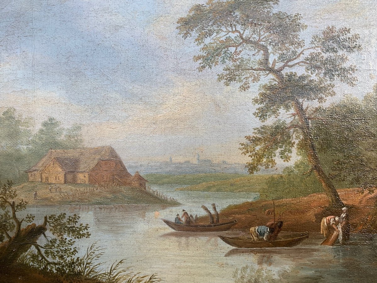 Georges Smith (1713–1776), seguace. Scuola inglese. Fine XVIII secolo. Paesaggio fluviale con case a graticcio.-photo-3