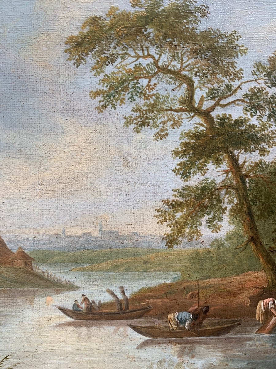 Georges Smith (1713–1776), seguace. Scuola inglese. Fine XVIII secolo. Paesaggio fluviale con case a graticcio.-photo-6