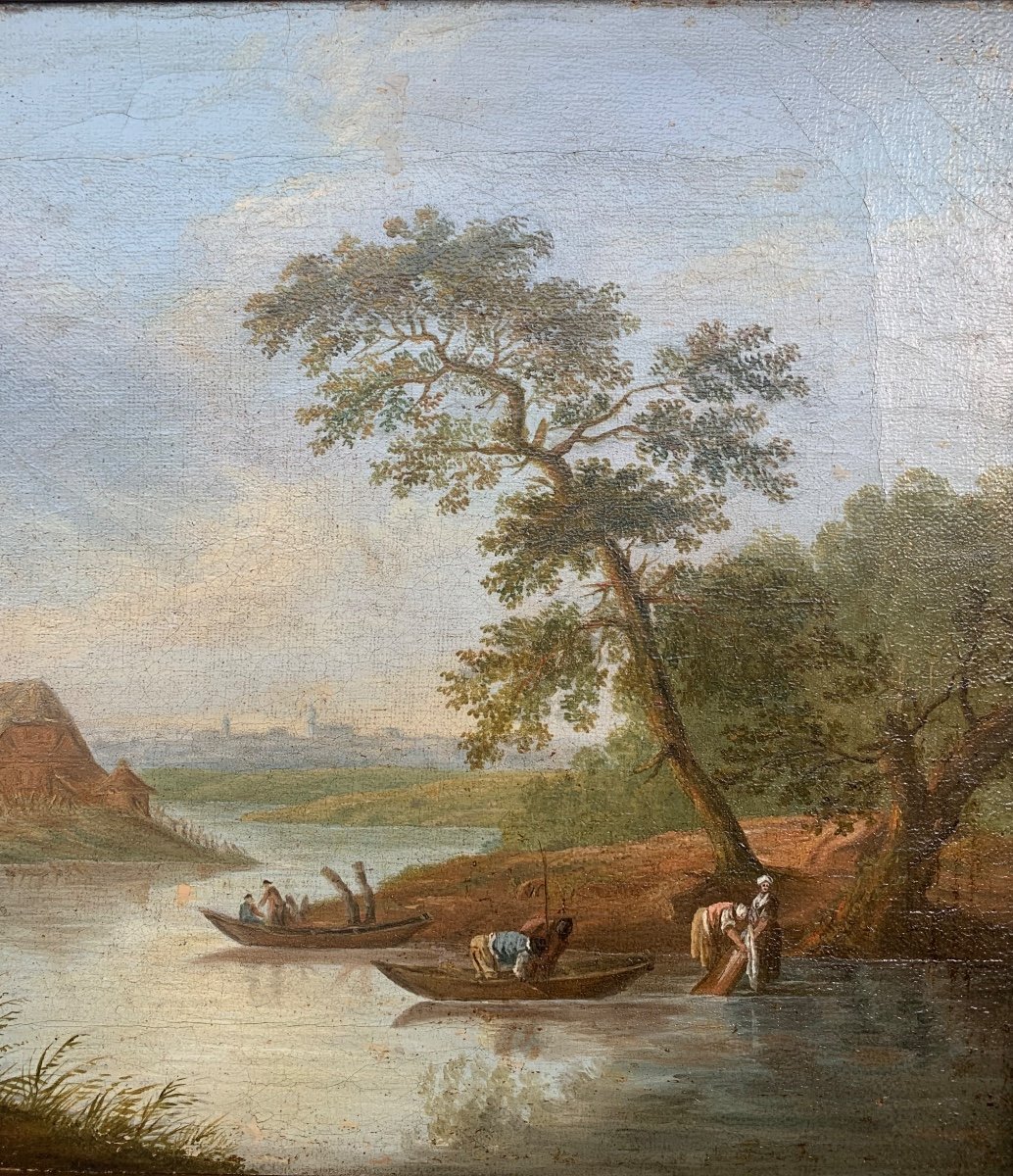 Georges Smith (1713–1776), seguace. Scuola inglese. Fine XVIII secolo. Paesaggio fluviale con case a graticcio.-photo-7