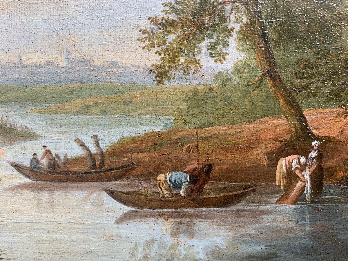Georges Smith (1713–1776), seguace. Scuola inglese. Fine XVIII secolo. Paesaggio fluviale con case a graticcio.-photo-5