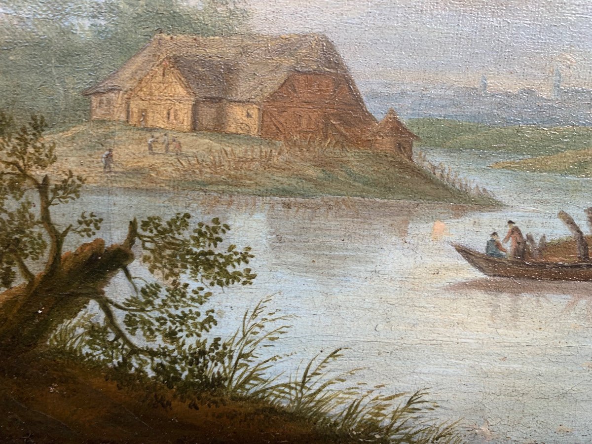 Georges Smith (1713–1776), seguace. Scuola inglese. Fine XVIII secolo. Paesaggio fluviale con case a graticcio.-photo-8