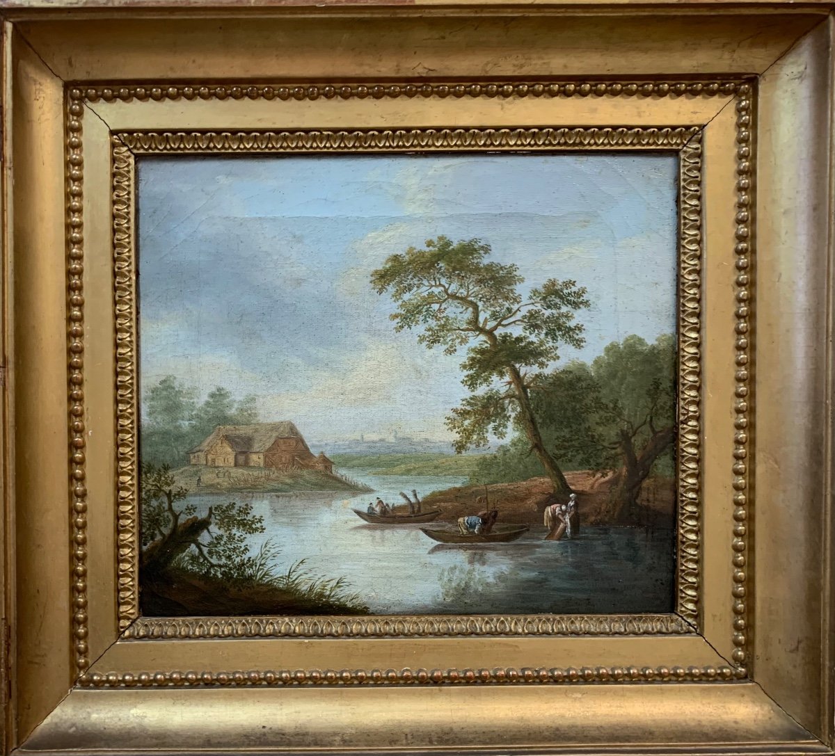 Georges Smith (1713–1776), seguace. Scuola inglese. Fine XVIII secolo. Paesaggio fluviale con case a graticcio.