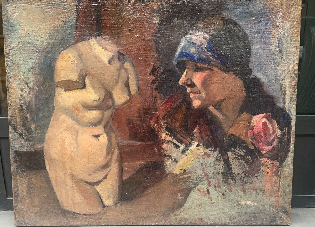 Torso femminile e il ritratto di anni 1920. Doppio bozzetto su tela. -photo-1