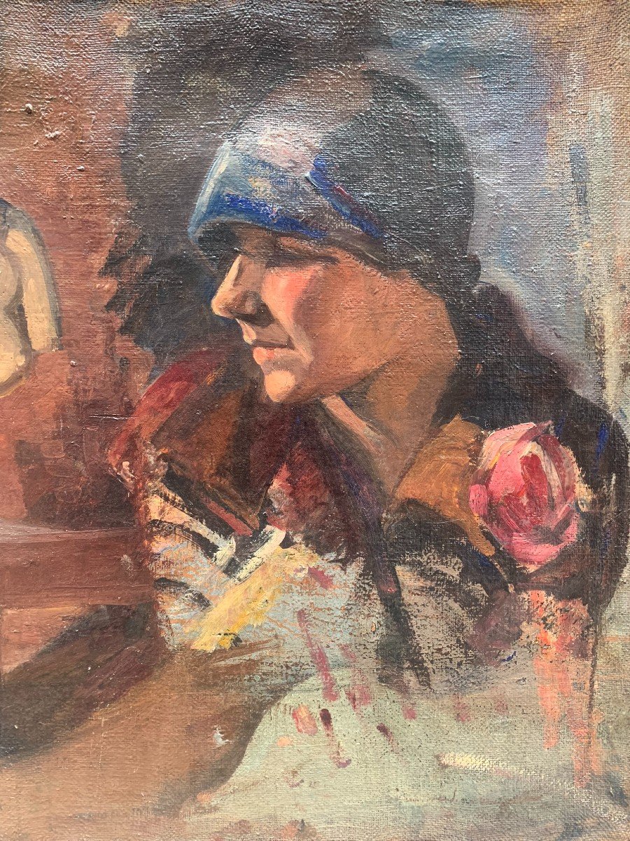 Torso femminile e il ritratto di anni 1920. Doppio bozzetto su tela. -photo-3