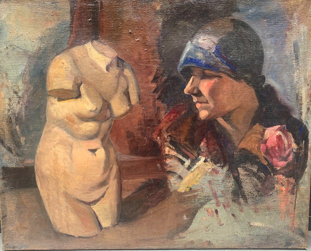 Torso femminile e il ritratto di anni 1920. Doppio bozzetto su tela. 