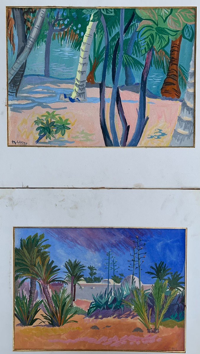 Due paesaggi fauvisti con palme e case arabe. 1 metà del XX secolo.-photo-7