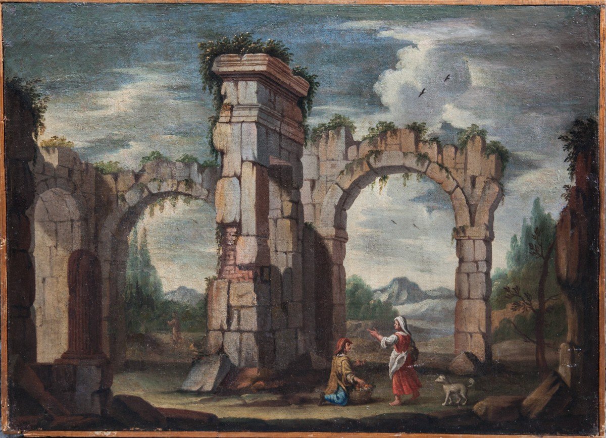 Capriccio architettonico. Scuola romana. Paesaggio laziale. Inizi XVIII secolo. 