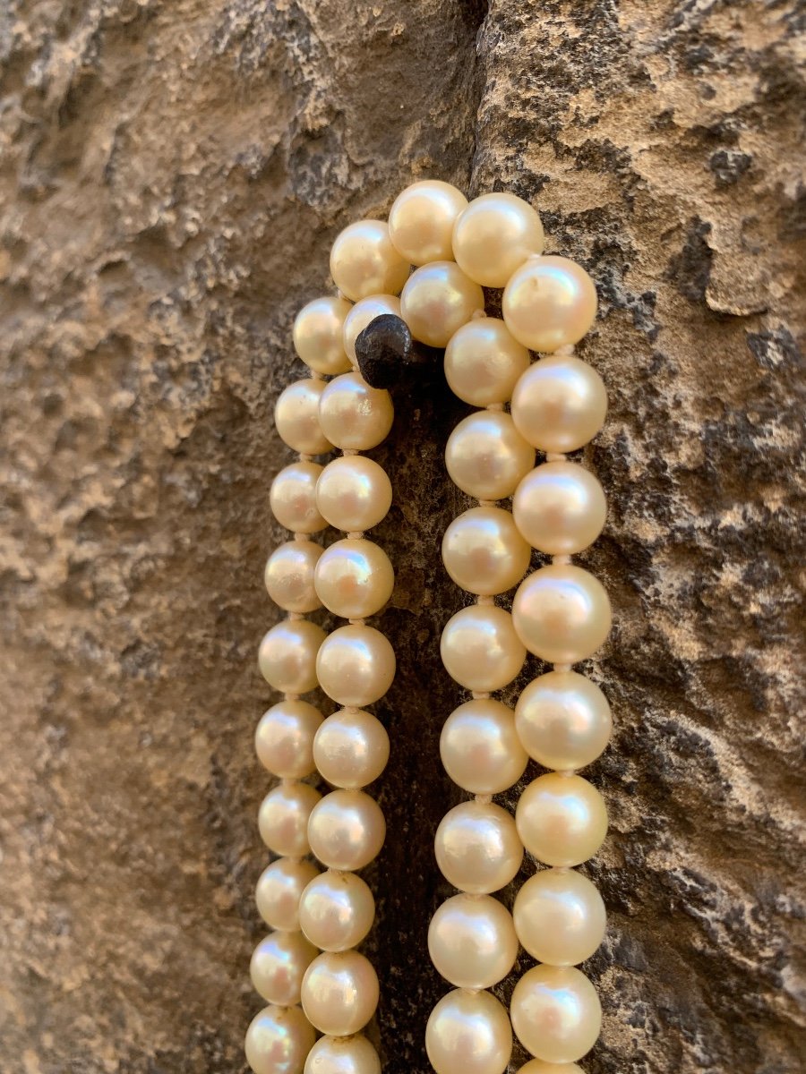 Collana anni 1960 di perle di mare coltivate. Chiusura in oro 750 e smeraldi-photo-5