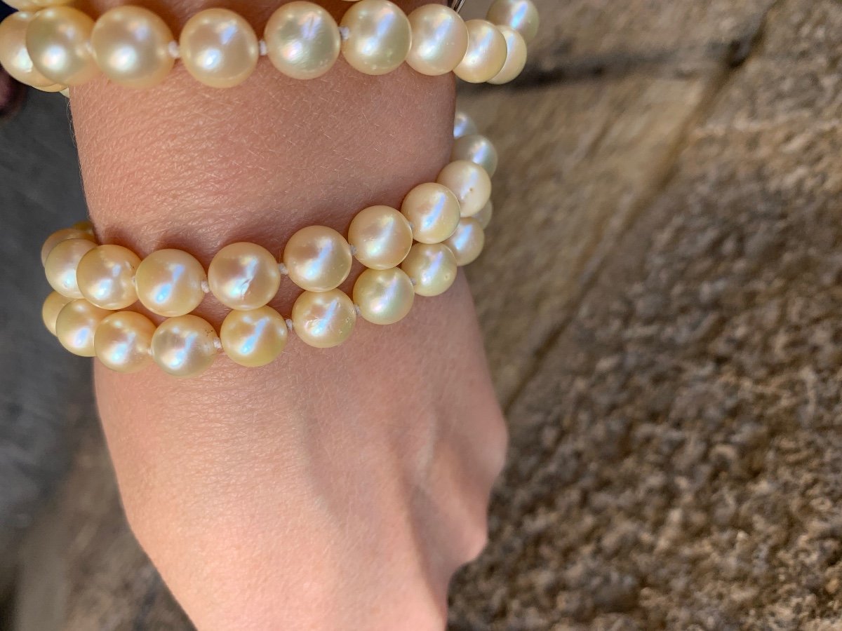 Collana anni 1960 di perle di mare coltivate. Chiusura in oro 750 e smeraldi-photo-6