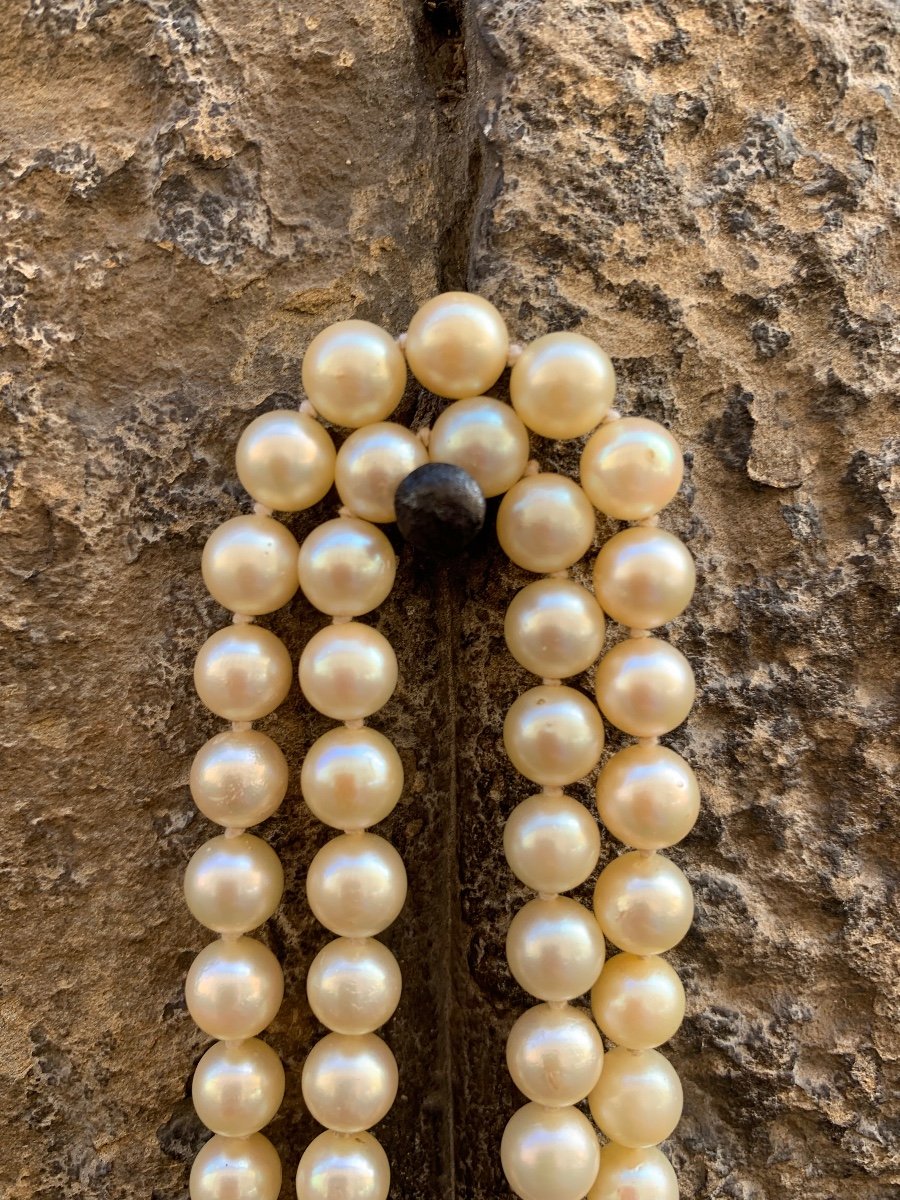 Collana anni 1960 di perle di mare coltivate. Chiusura in oro 750 e smeraldi-photo-7