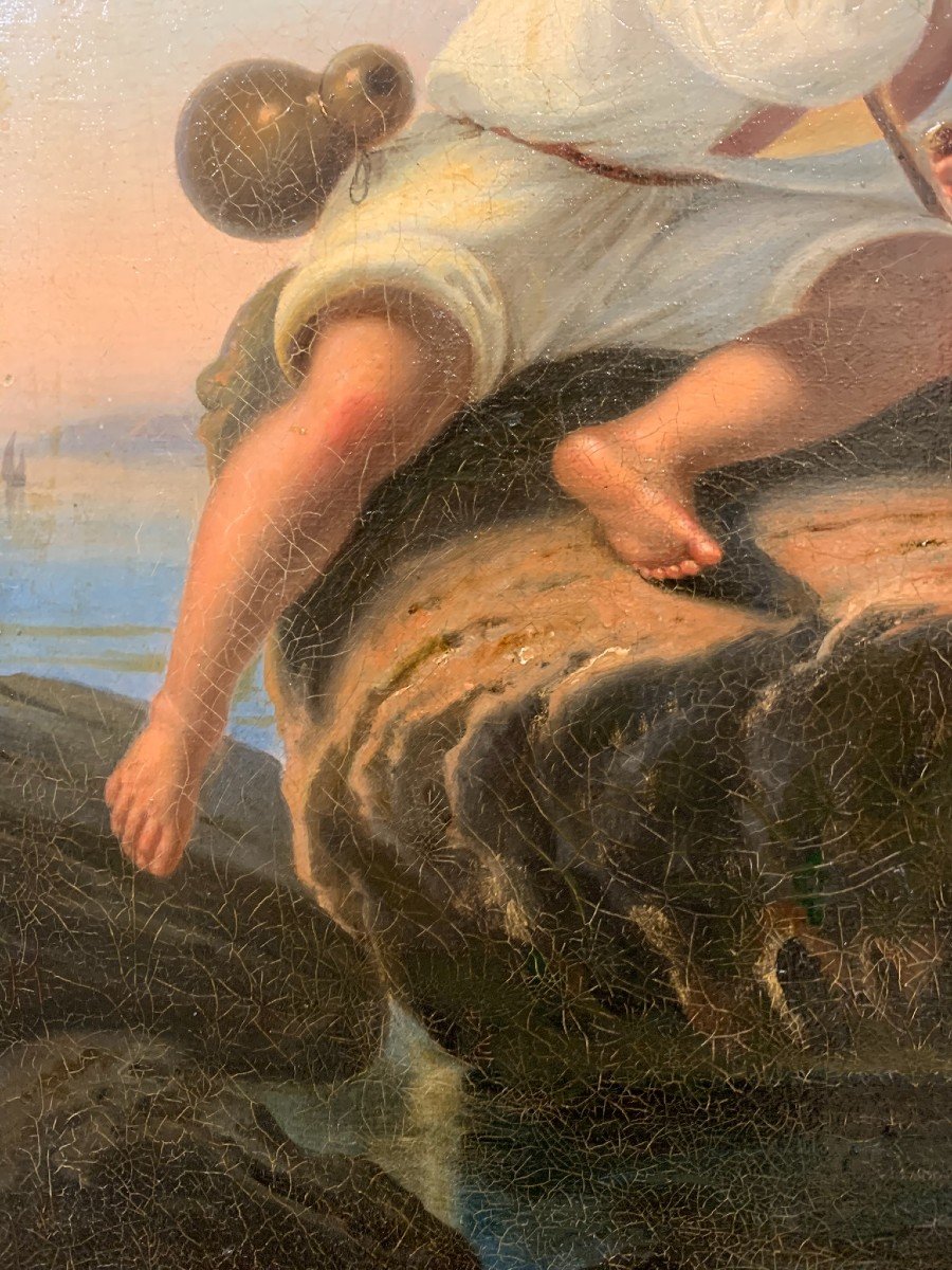 "Scugnizzi" o Piccoli pescatori napoletani. XIX secolo. Scenetta con Golfo di Napoli e Vesuvio.-photo-1
