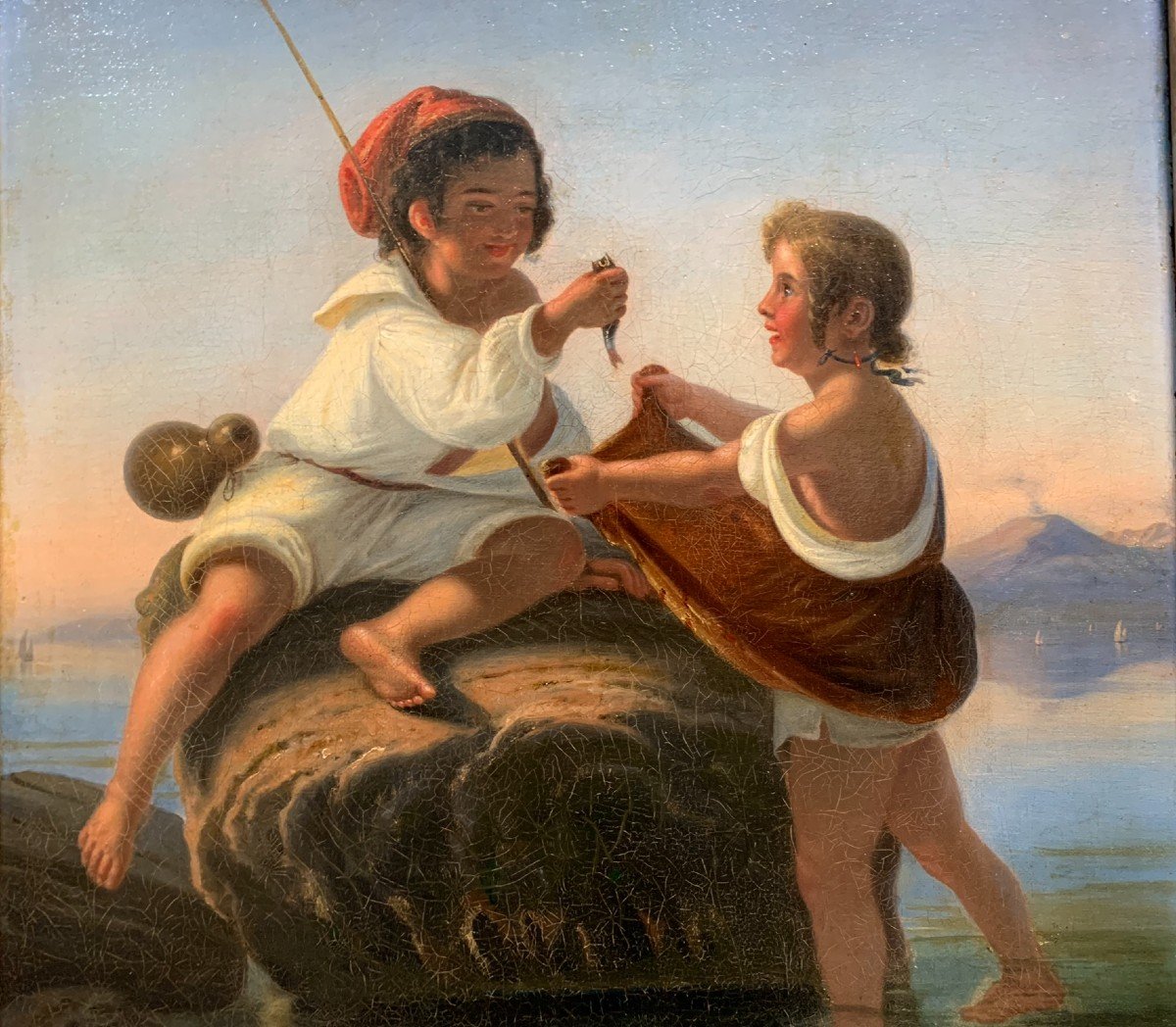 "Scugnizzi" o Piccoli pescatori napoletani. XIX secolo. Scenetta con Golfo di Napoli e Vesuvio.-photo-5