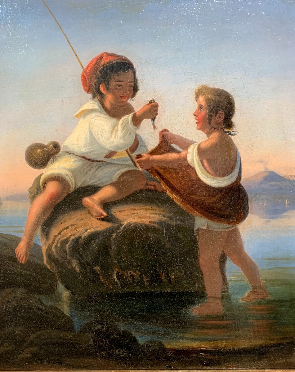 "Scugnizzi" o Piccoli pescatori napoletani. XIX secolo. Scenetta con Golfo di Napoli e Vesuvio.
