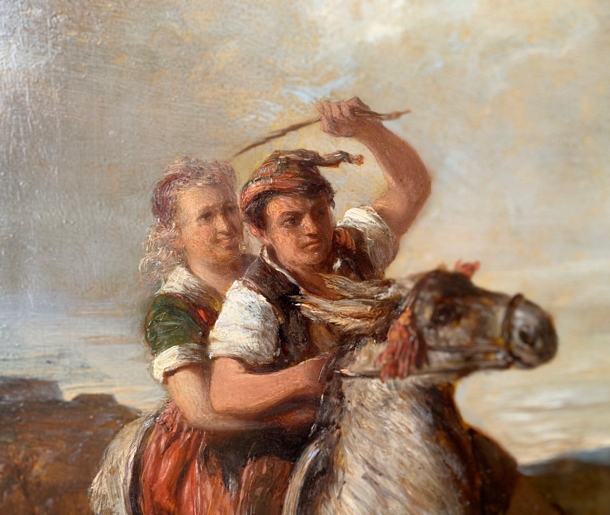 Joseph Hornung (1792 - 1870), attribuito. Il giovane Svizzero su un asinello con la ragazza.-photo-2