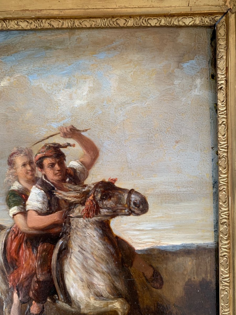 Joseph Hornung (1792 - 1870), attribuito. Il giovane Svizzero su un asinello con la ragazza.-photo-3