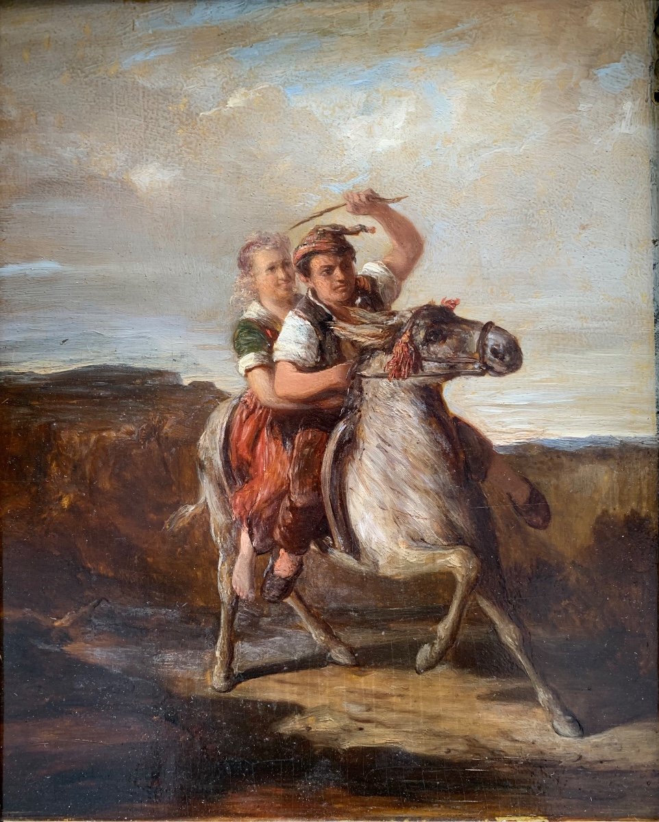 Joseph Hornung (1792 - 1870), attribuito. Il giovane Svizzero su un asinello con la ragazza.-photo-2
