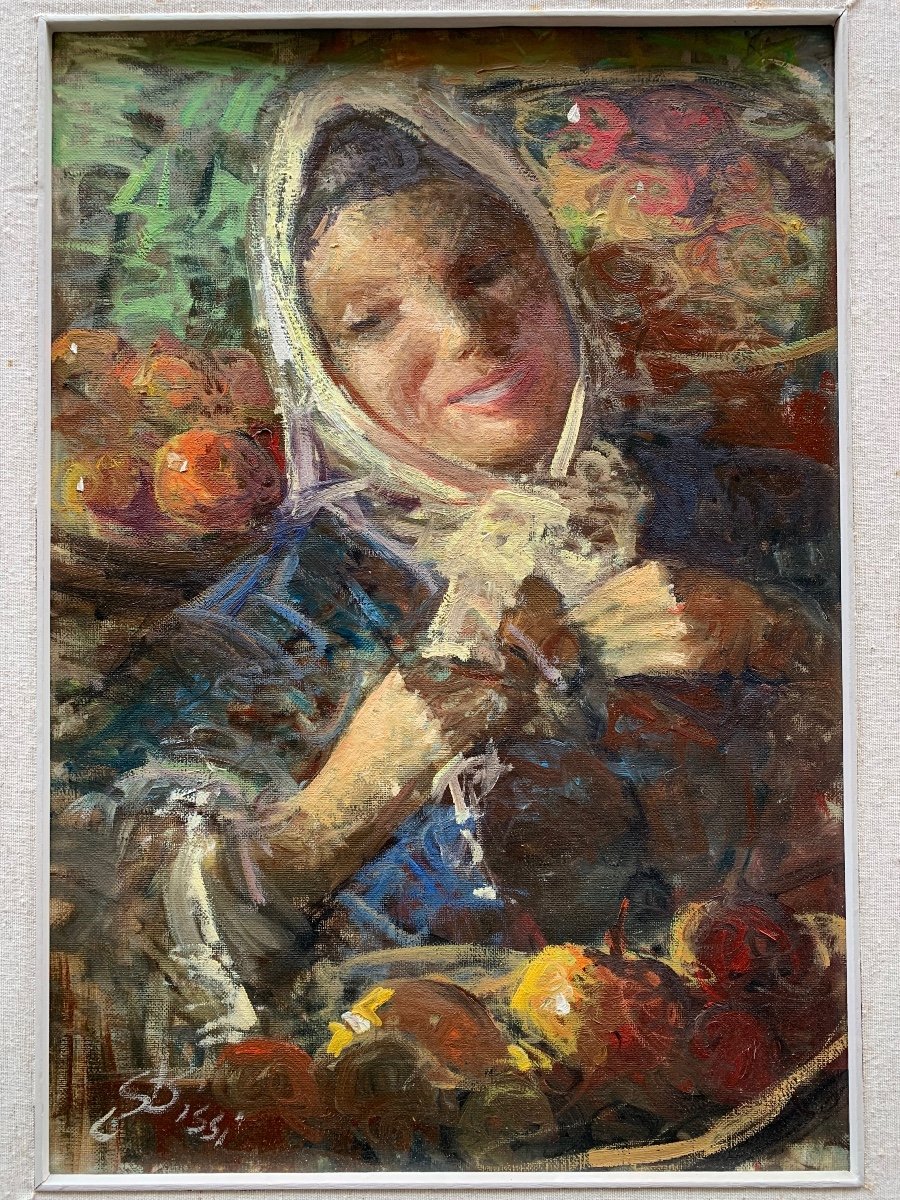 Ragazza con la frutta. Mercato. Anno 1958. Firmato Sergio Cirno Bissi (1902 - 1987)