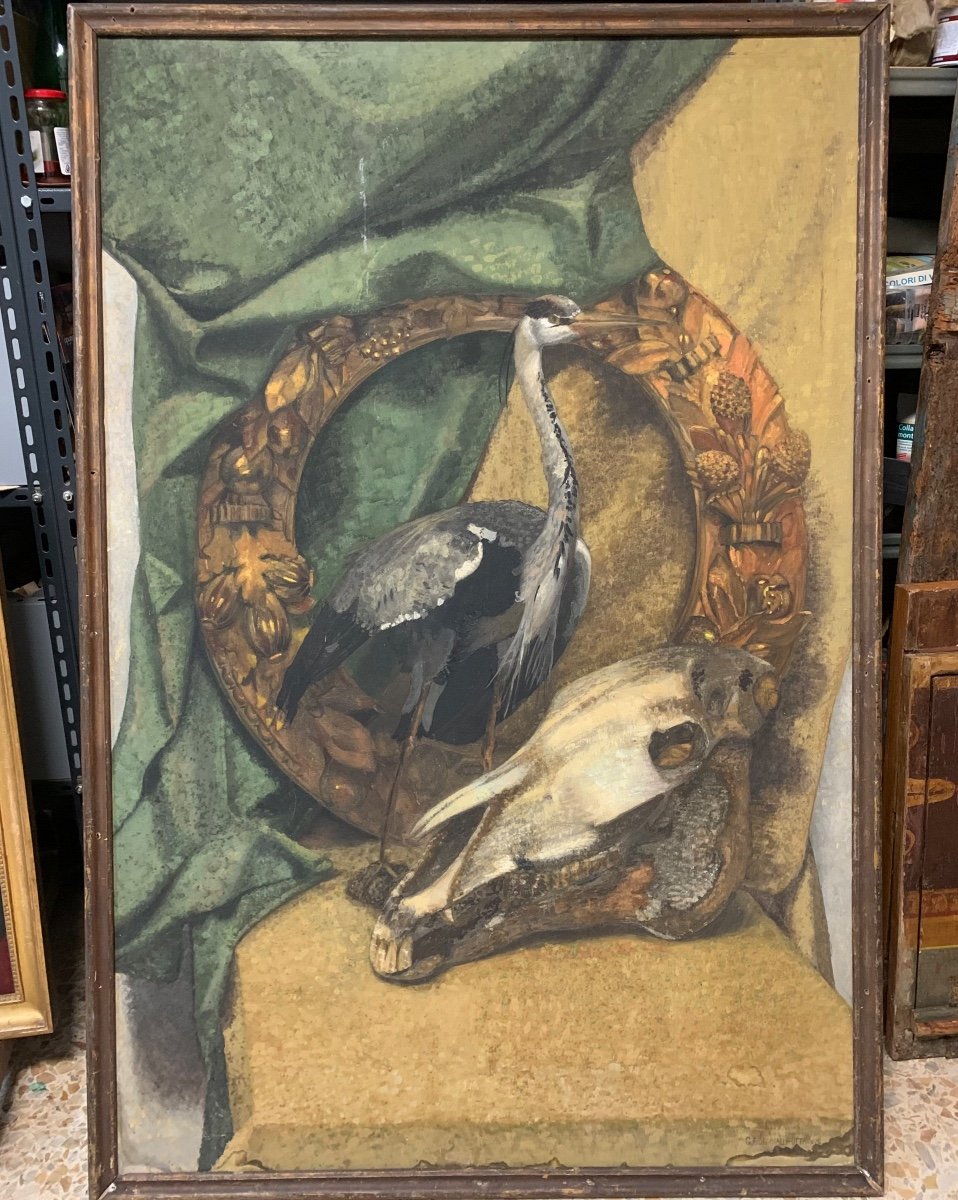 Memento mori, memento vivere: Grande dipinto con ghirlanda, Airone cenerino ed un Cranio-photo-4
