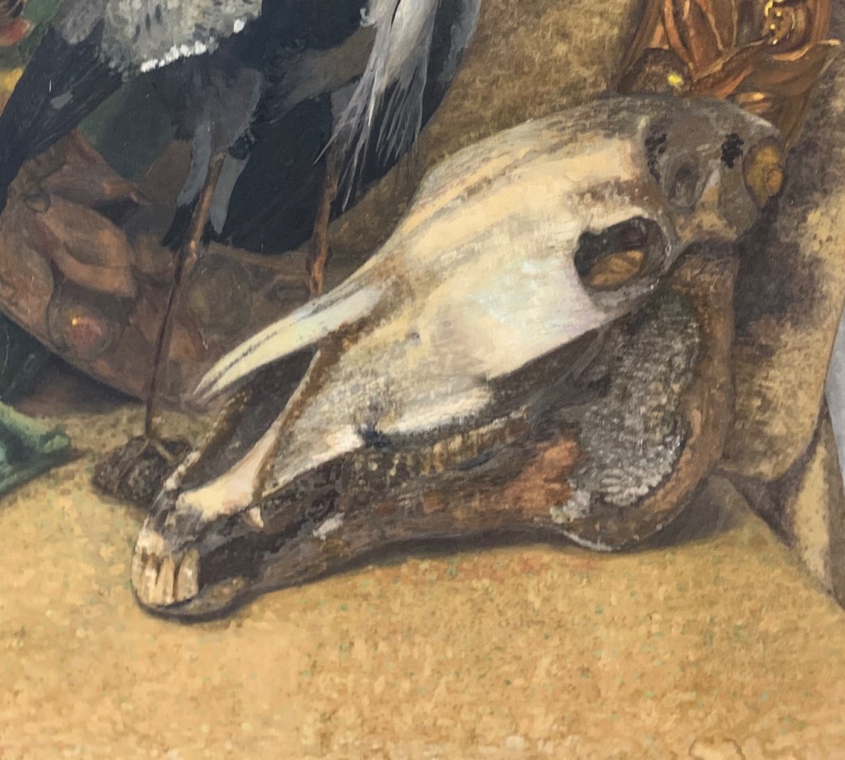 Memento mori, memento vivere: Grande dipinto con ghirlanda, Airone cenerino ed un Cranio-photo-2