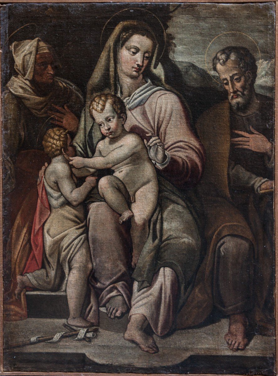 Sacra Famiglia con San Giuseppe e Sant'Anna. Ambito toscano. Circa 1600