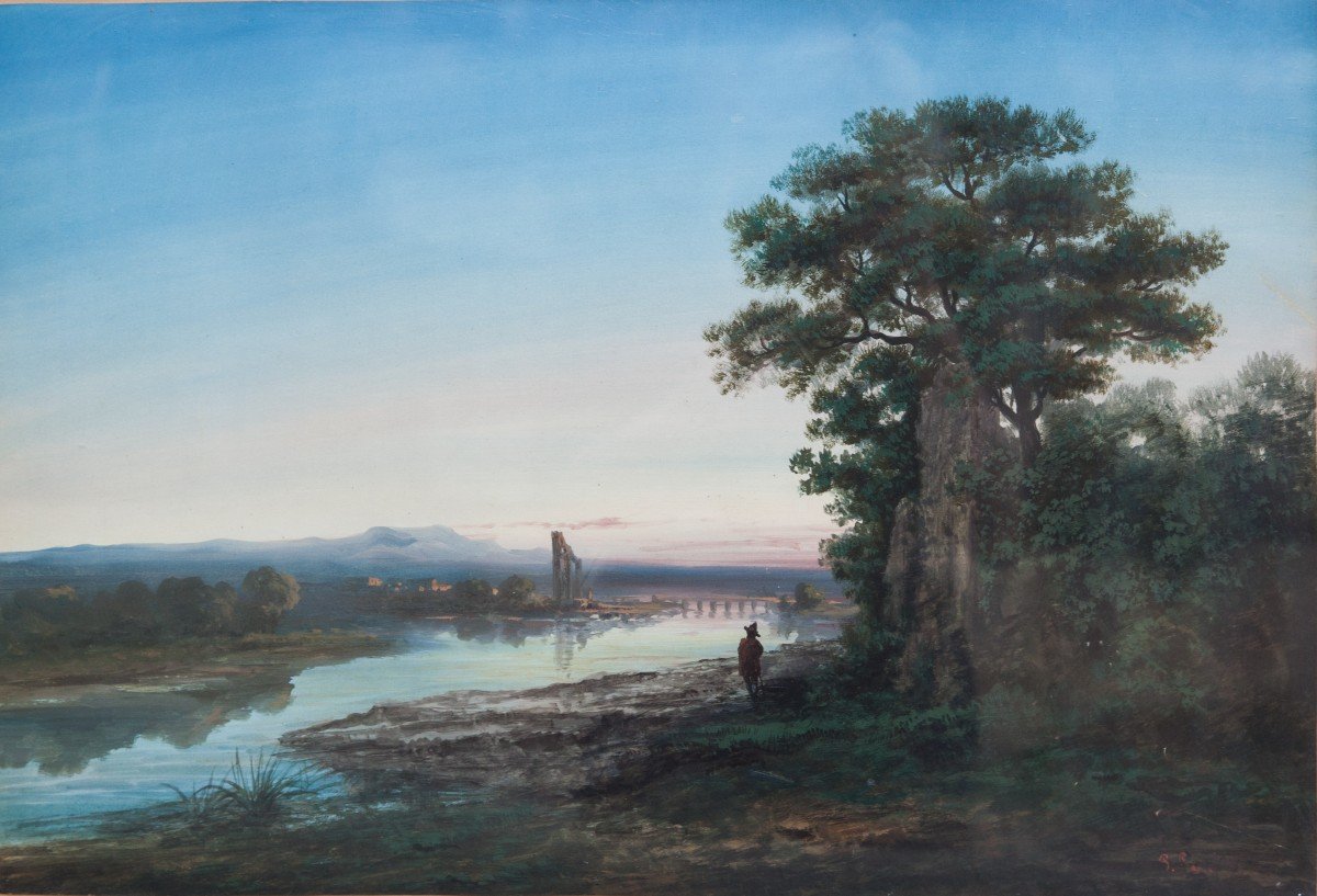 P. Pascal. Paesaggio con Pastore Ciociaro, il Ponte sul Tevere e le Rovine Antiche. 1880 ca.