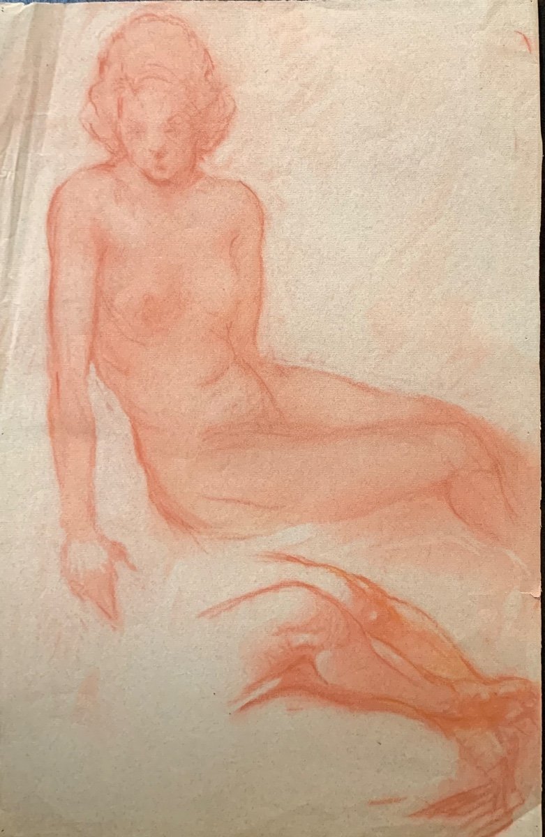 Studio di figura nuda femminile. Disegno a sanguigna su carta.
