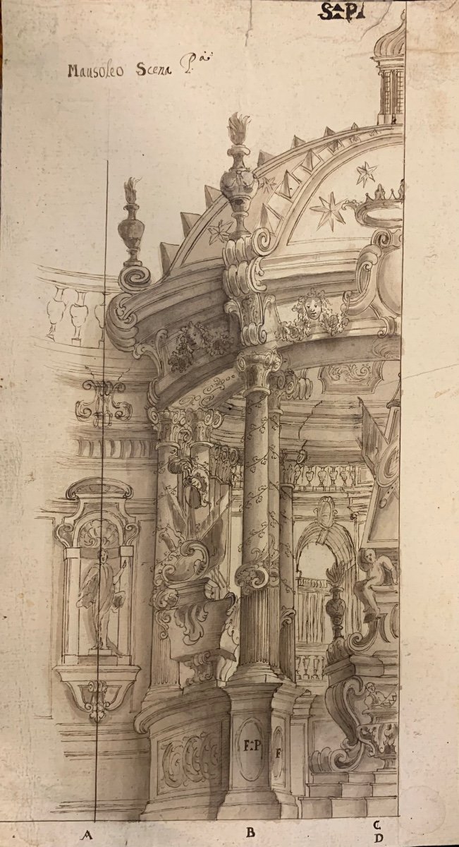 Scenografia teatrale, Mausoleo Scena Prima.  Entourage di Ferdinando Galli Bibbiena.