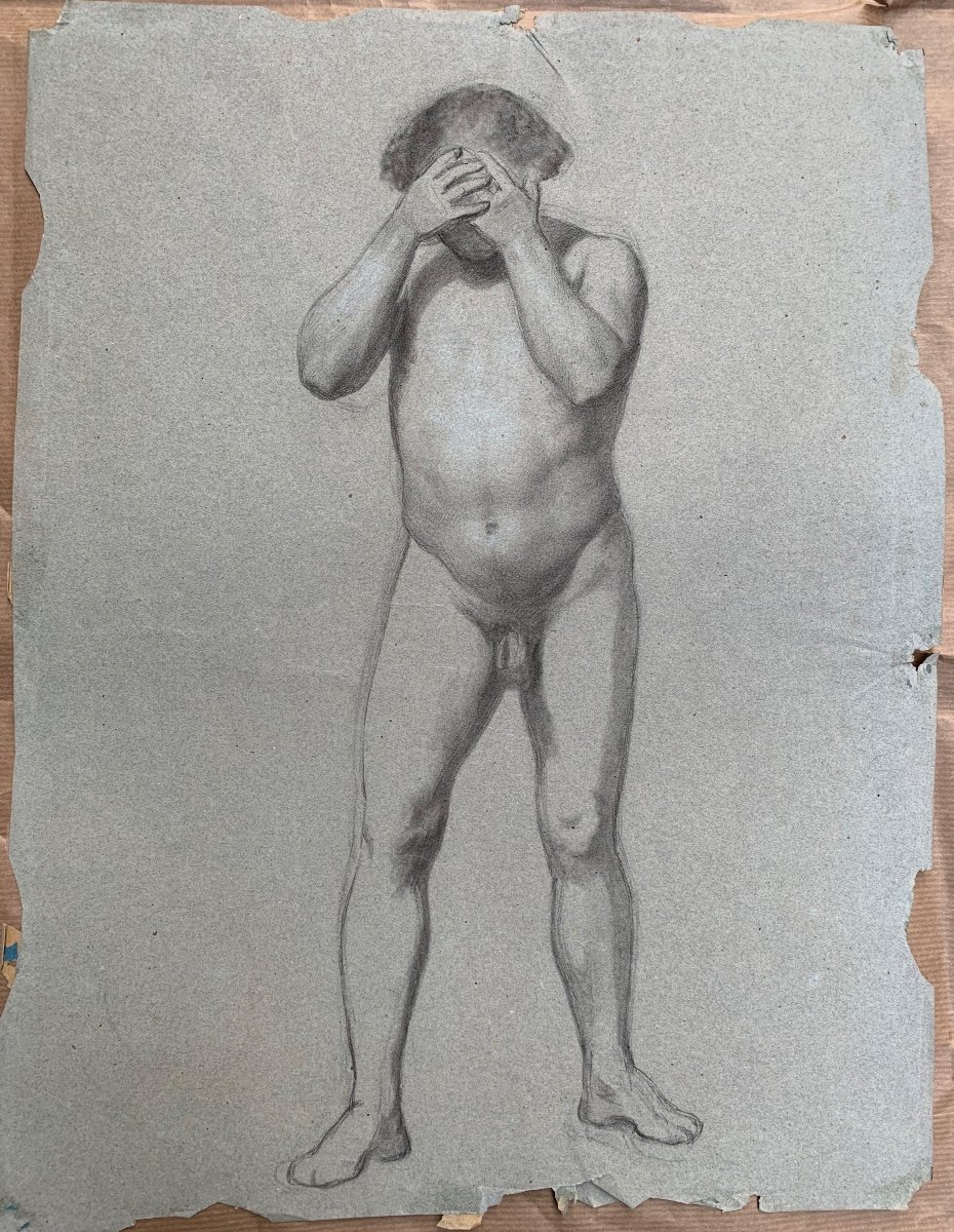 Studio anatomio preparatorio per figura del uomo con mani sul viso. XIX secolo.-photo-1