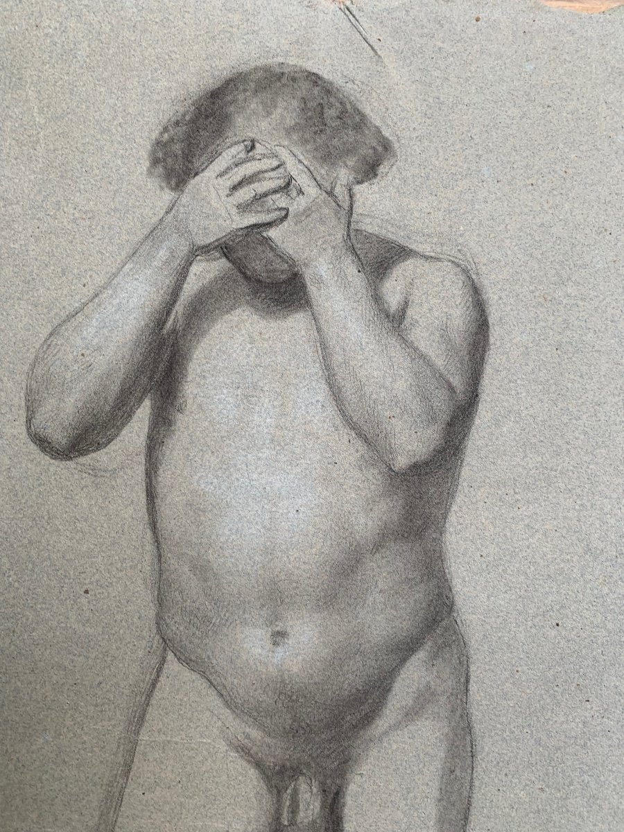 Studio anatomio preparatorio per figura del uomo con mani sul viso. XIX secolo.-photo-4