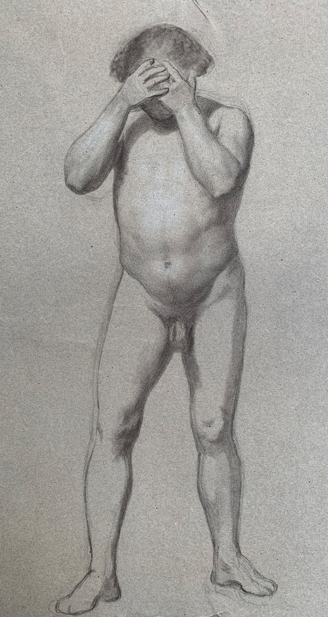 Studio anatomio preparatorio per figura del uomo con mani sul viso. XIX secolo.