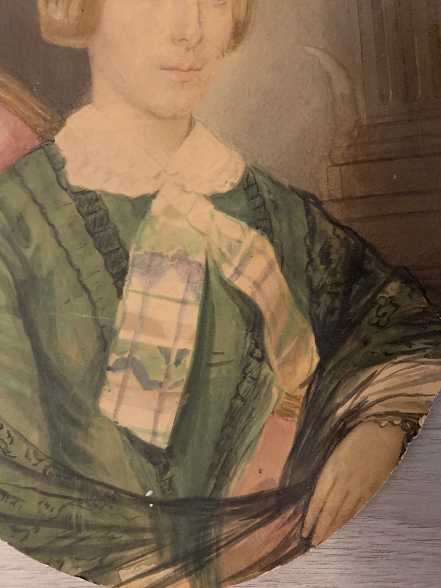 Ritratto di ragazza bionda con vestito verde su carta. Datato 1851. -photo-2