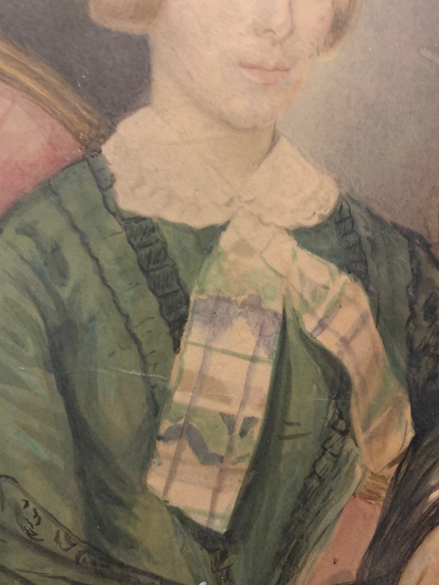 Ritratto di ragazza bionda con vestito verde su carta. Datato 1851. -photo-3