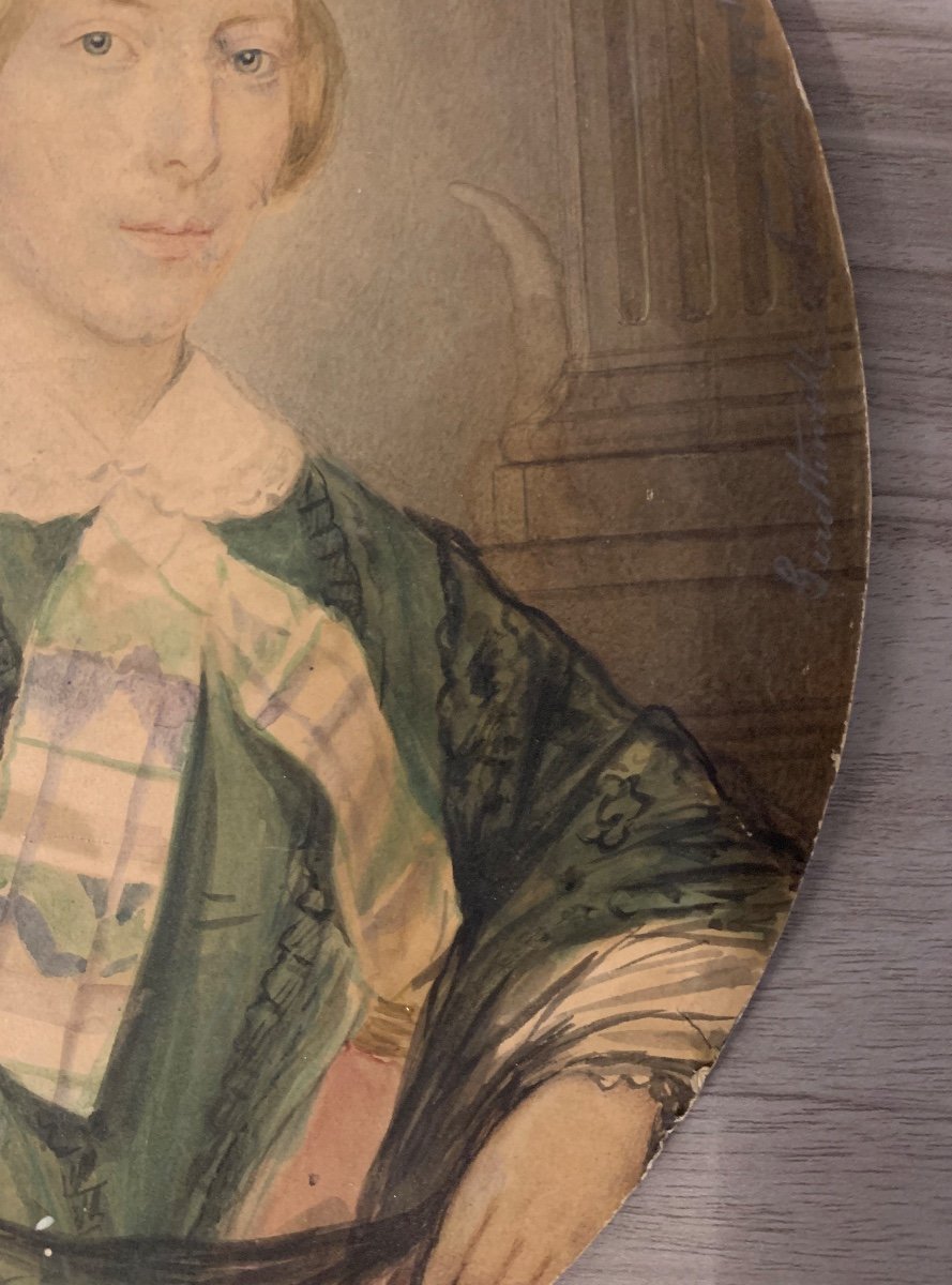 Ritratto di ragazza bionda con vestito verde su carta. Datato 1851. -photo-4