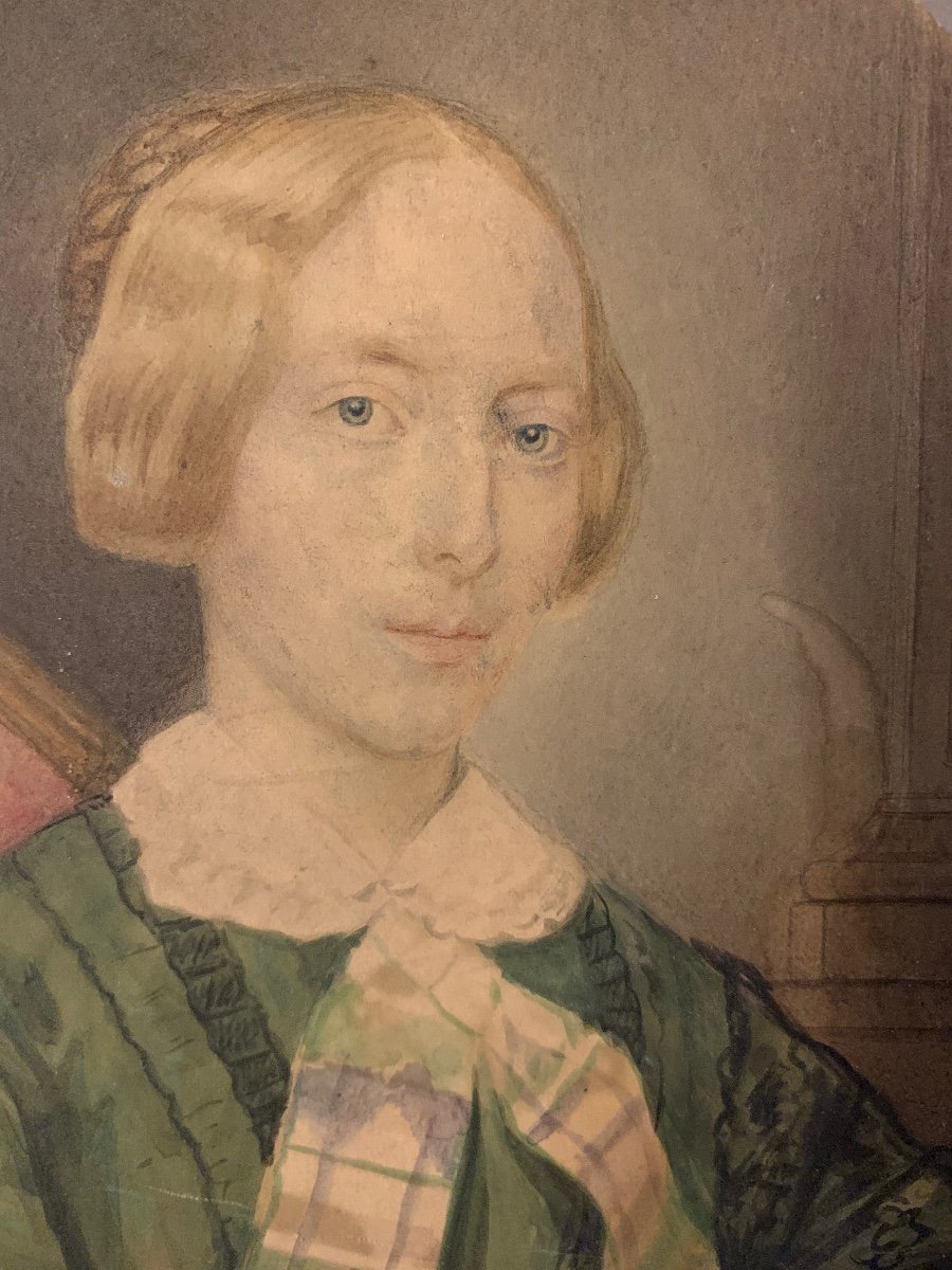 Ritratto di ragazza bionda con vestito verde su carta. Datato 1851. -photo-1