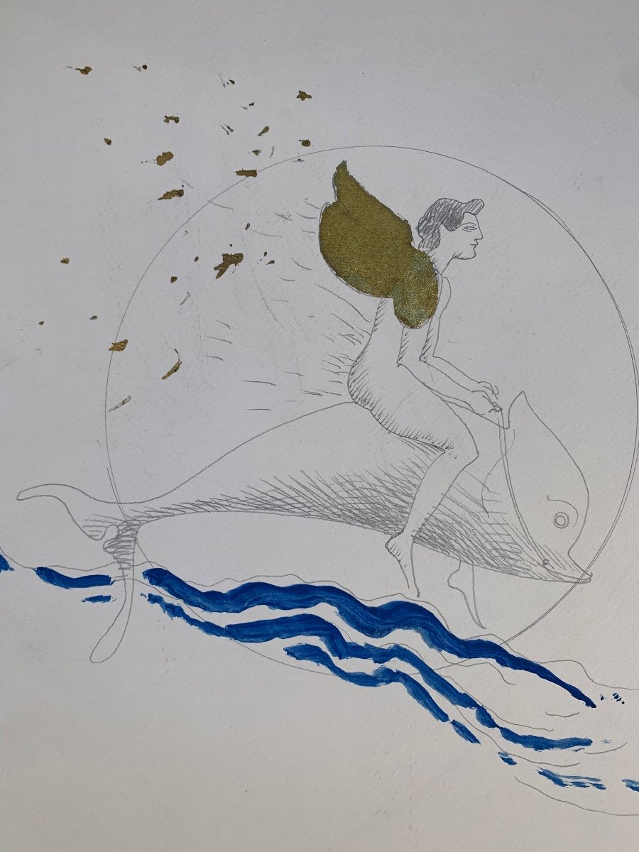 Eros alato sul delfino. Bozzetto della serie Dionisiaca di Marco Silombria.